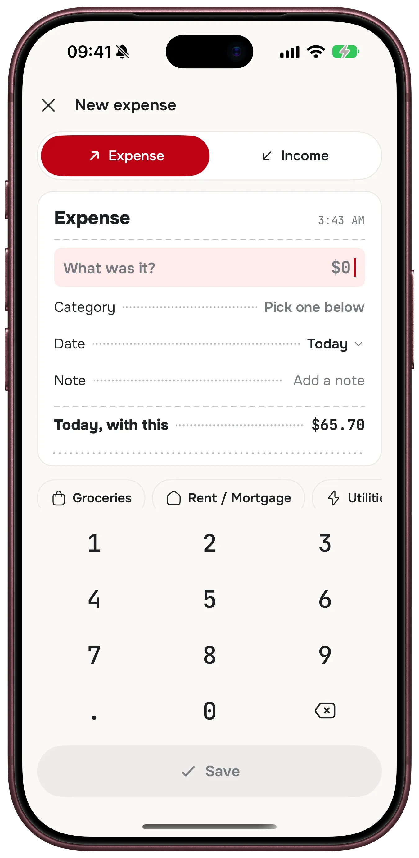 A new expense: the amount typed on the keypad, the category picked below