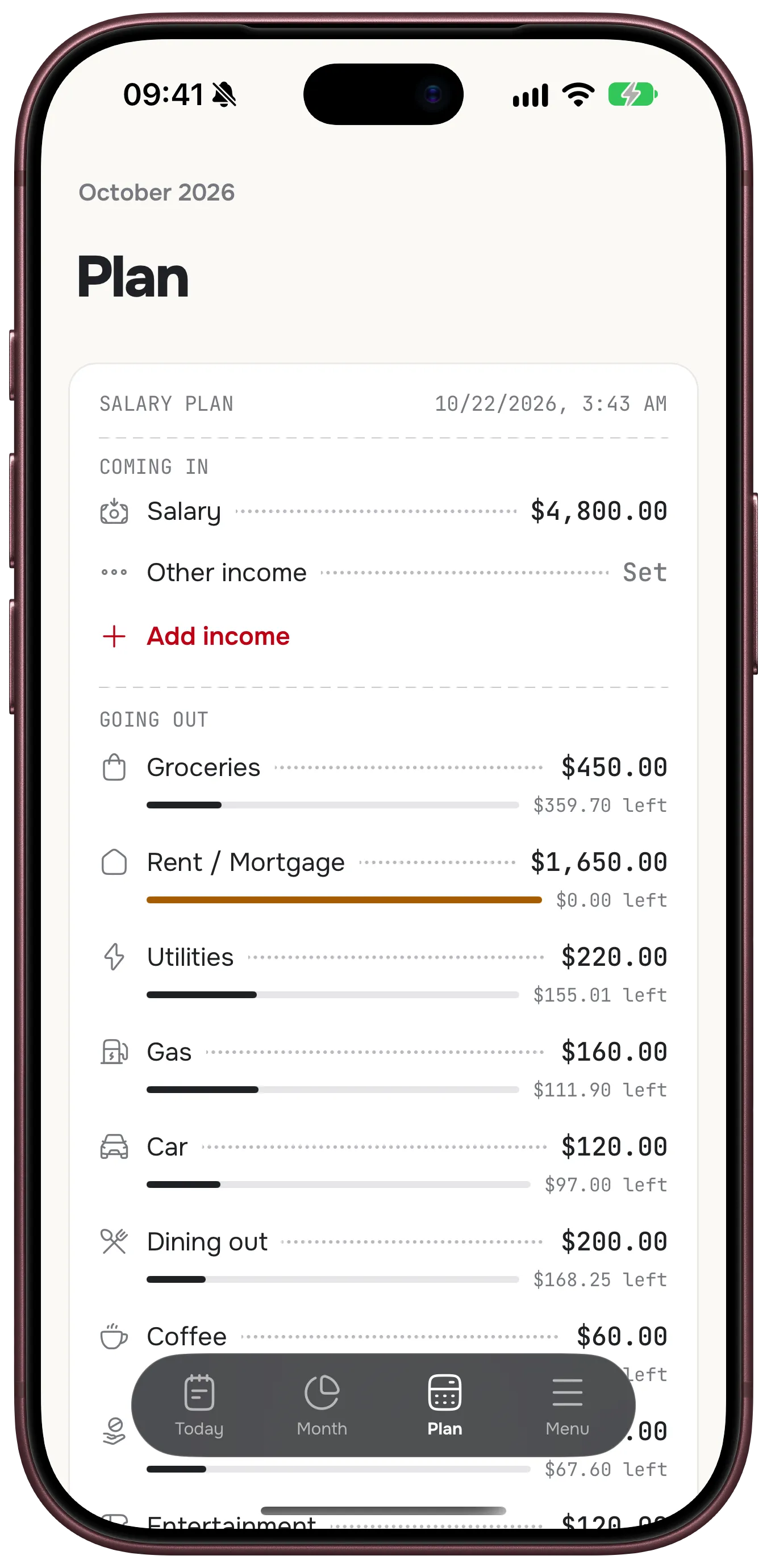 The Plan tab: a salary of $4,800, then each category's planned amount with a bar of what is left in it