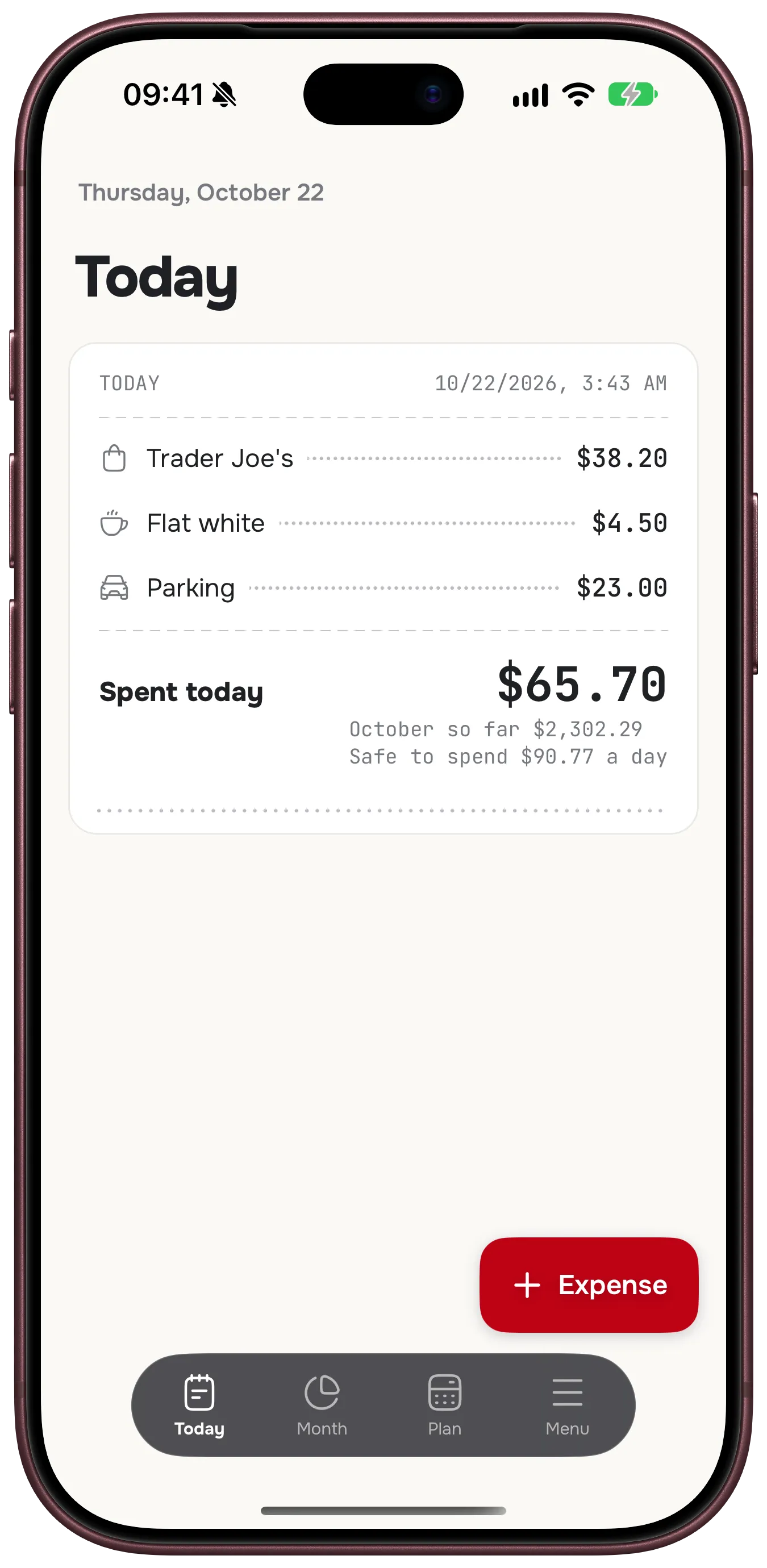 Today's receipt: three expenses, $65.70 spent today and $90.77 safe to spend a day
